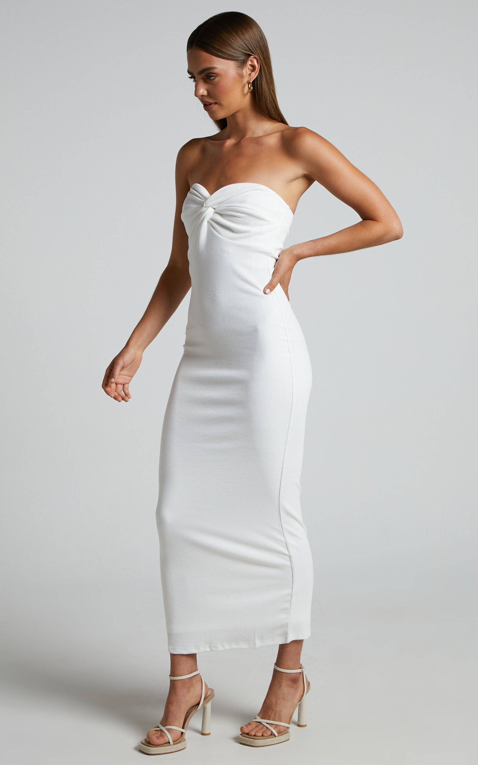 Aravis Midi Dress - Twist Front Strapless Ribbed Bodycon Dress in White ...