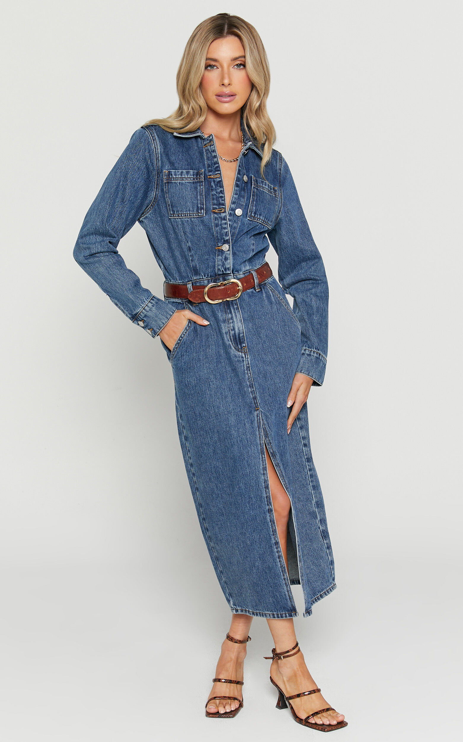 Alison Midi Dress Long Sleeve Front Split Denim Dress in Mid