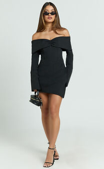 Cyrus Mini Dress - Off Shoulder Long Sleeve Fit And Flare Dress in Black