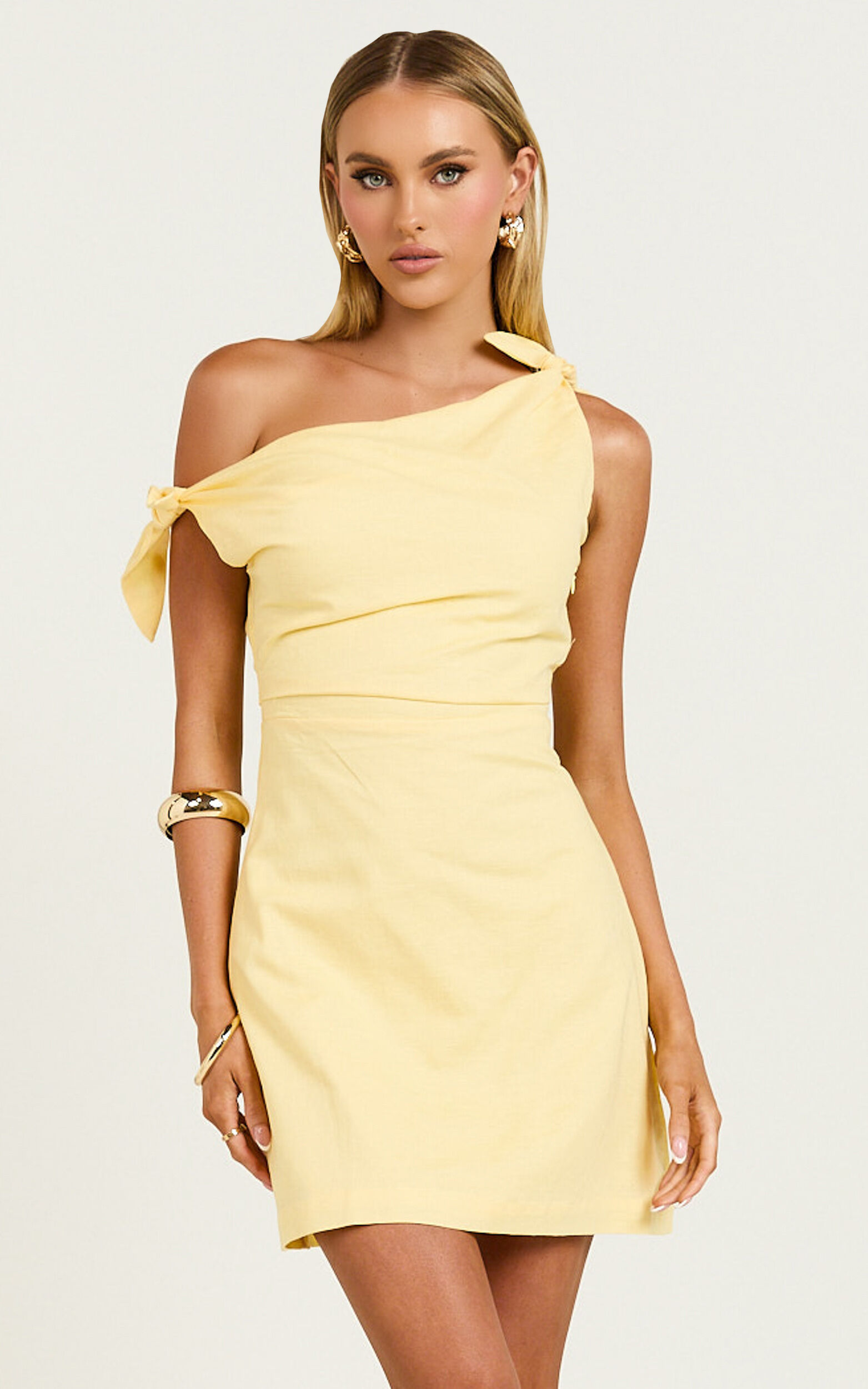 Jeofina Mini Dress Off The Shoulder Linen Look Dress in Lemon Showpo USA