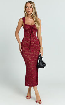 Collette Midi Dress - Ruched Bust Wide Strap Detail Lace Midi Dress in Wine