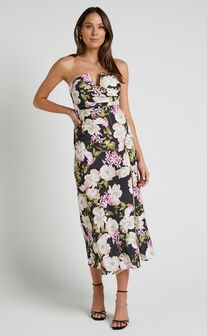 Janise Midi Dress - V Neck Wrap Top Detail Thigh Split Dress in Midnight Floral