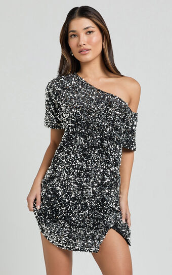 Katrine Mini Dress - Off Shoulder Shift Sequin Dress in Black
