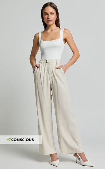 Nate Pants - Mid Waist Tailored Linen Look Pants in Natural