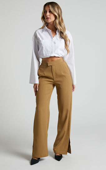 Mhina Trousers - High Waisted Split Hem Tailored Trousers in Toffee
