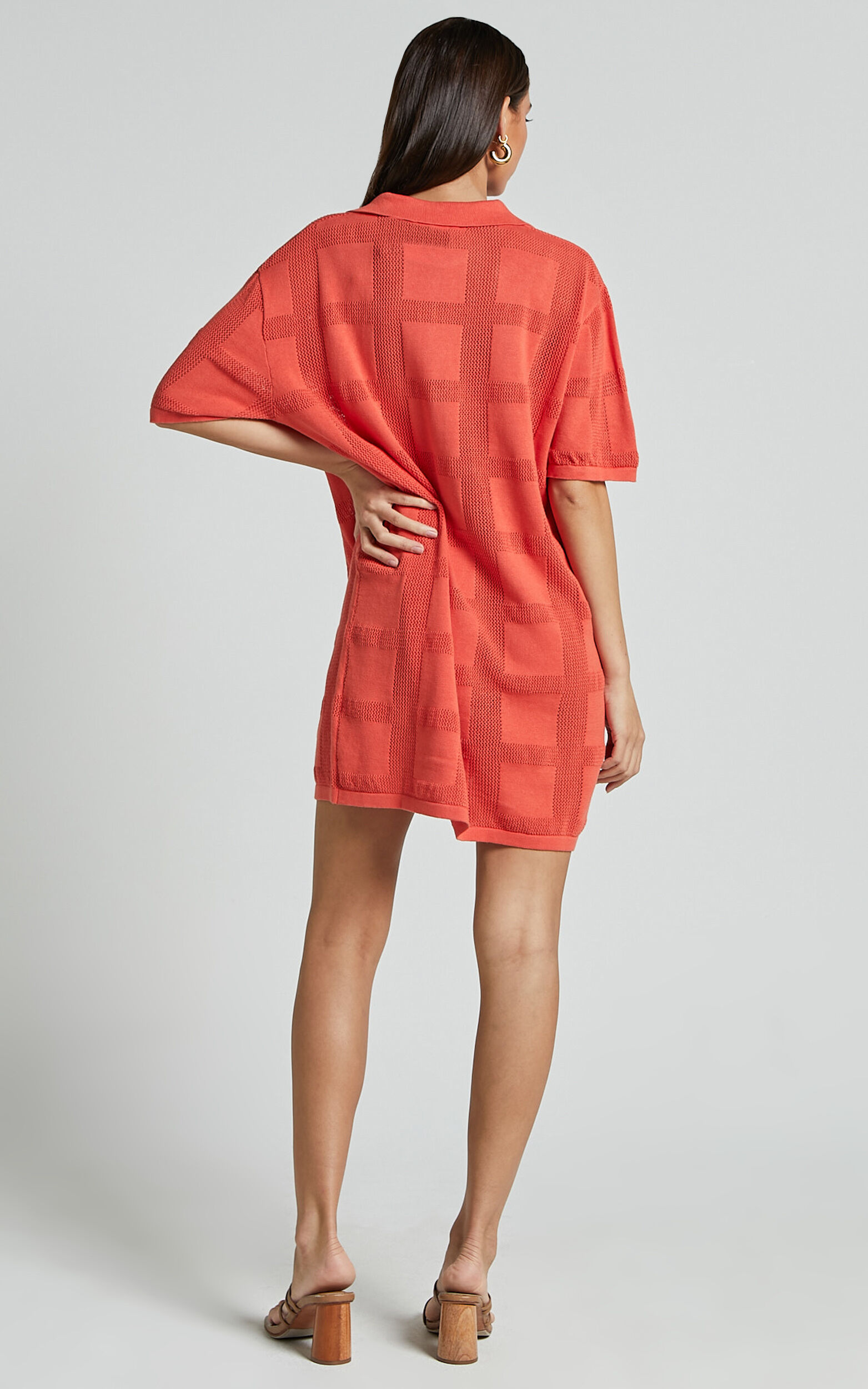 Tully Mini Dress Knitted Button Through Shift Dress in Coral