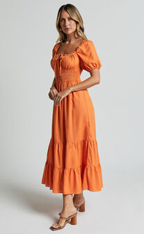 Claritza Midi Dress - Linen Look Short Puff Sleeve Square Neck Tiered Dress in Sherbert