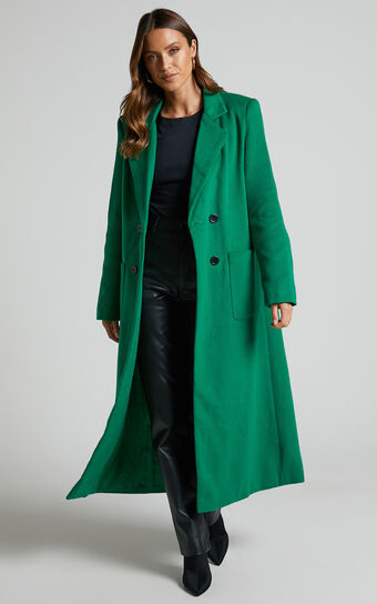 Jaya Coat - Double Breasted Collared Longline Coat in Green