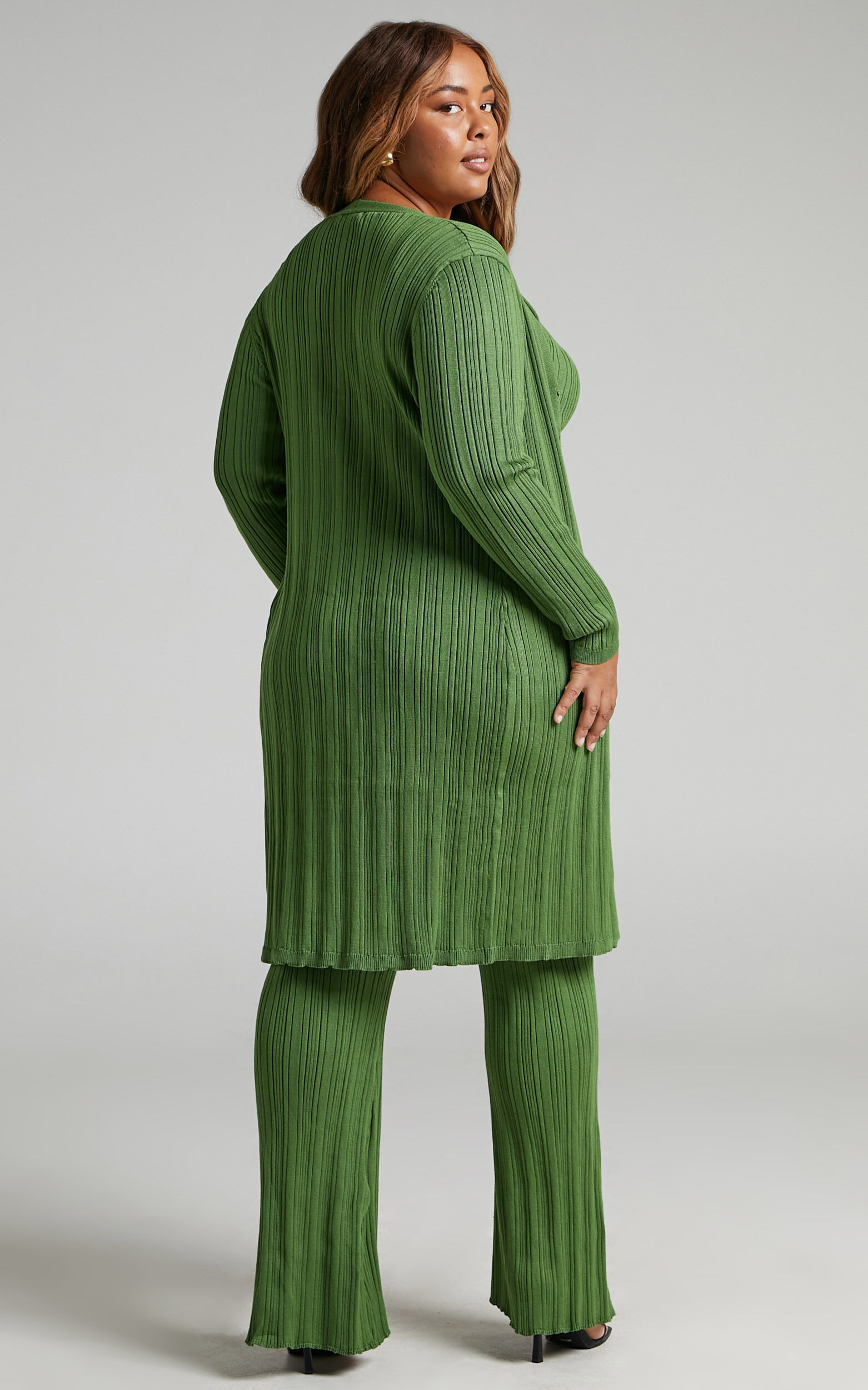 Farhana Cardigan Rib Knitted Longline Cardigan in Olive Showpo USA