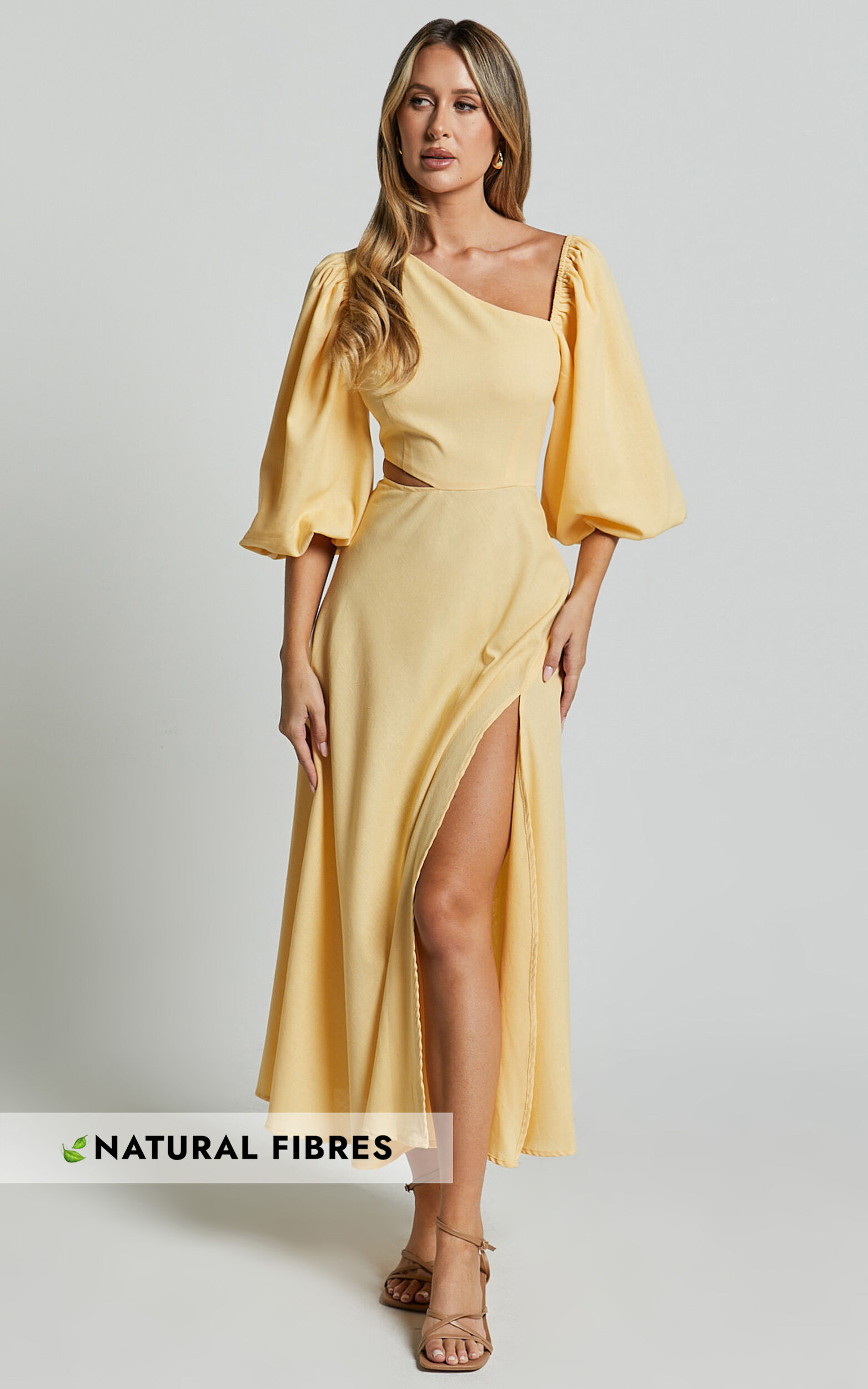 Rhyne Midi Dress - Asymmetric Puff Sleeve Side Cut Out A Line Dress in Lemon - 08, YEL1