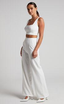 Elibeth Two Piece Set - Crop Top and High Waisted Wide Leg Pants Set in White