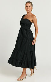 Stephanie Midi Dress - One Shoulder Tiered Midi Dress in Black | Showpo