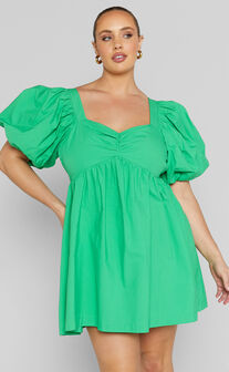 Vashti Mini Dress - Puff Sleeve Sweetheart Dress in Green