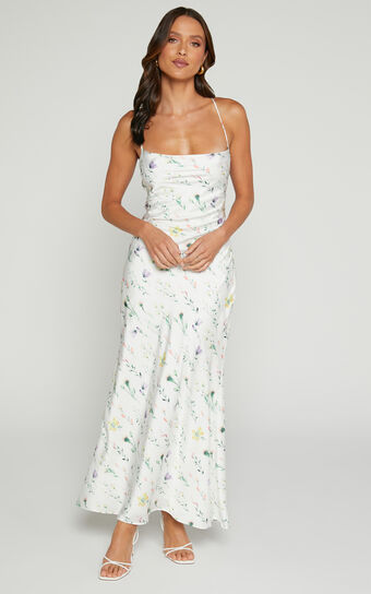 Shierina Midi Linen Blend Dress - Sweetheart Neck Line Sleeveless Dress in White Floral