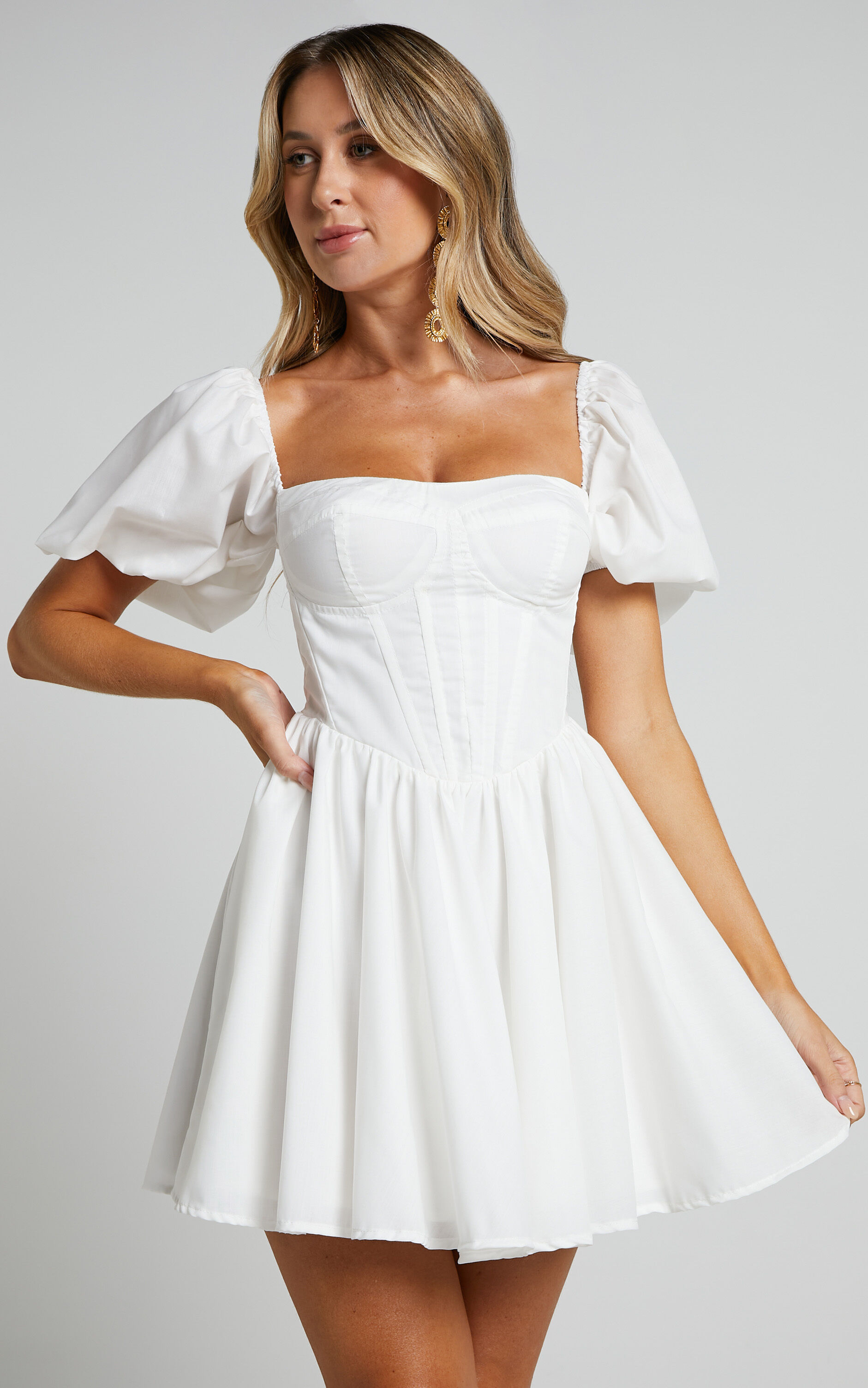 Souza Mini Dress Fit and Flare Puff Sleeve Corset Dress in White Showpo USA