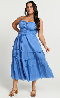 Schiffer Midi Dress - Strappy Ruched Tie Front Tiered Dress in Blue