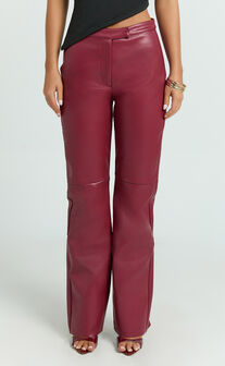 Marzia Pants - Faux Leather Mid Waisted Straight Leg Pants in Wine