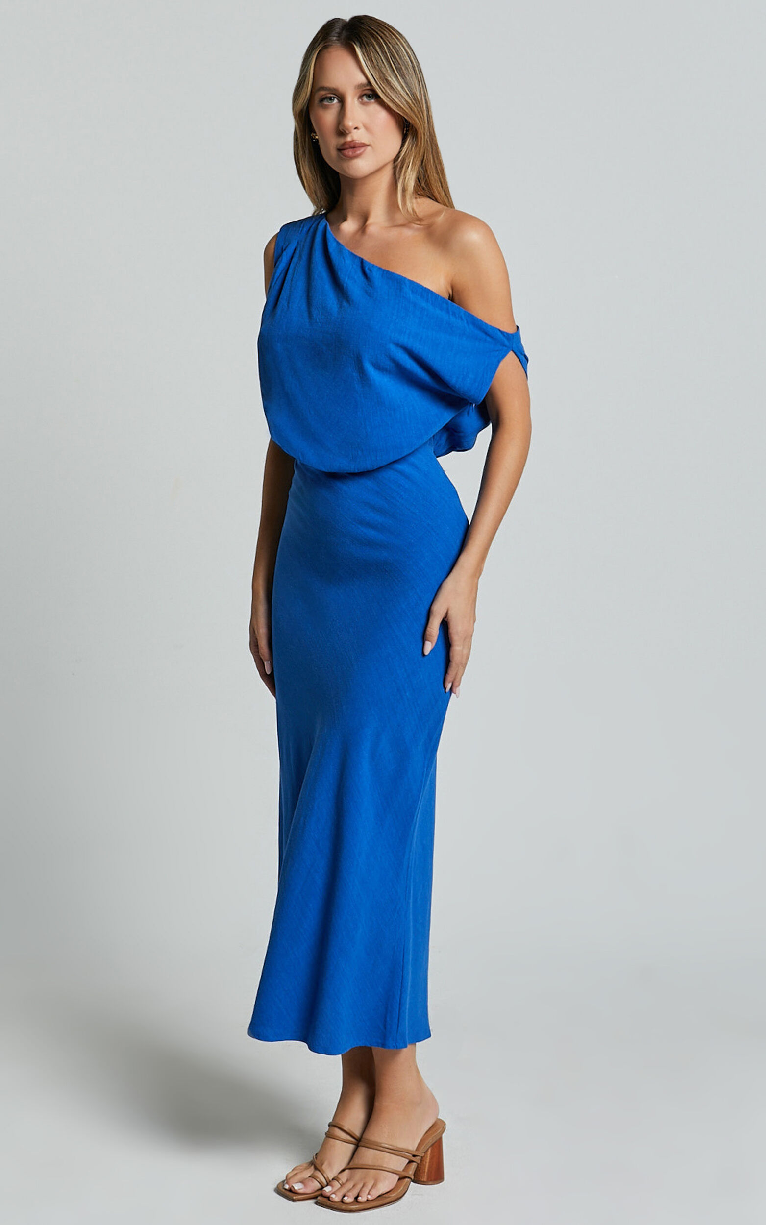 Jacqueline Midi Dress - Linen Look One Shoulder Dress in Cobalt | Showpo