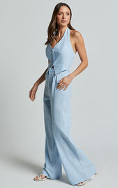 Linette Jumpsuit - Halter Neck Button Through Vest Tailored Wide Leg Jumpsuit in Light Blue | Showpo