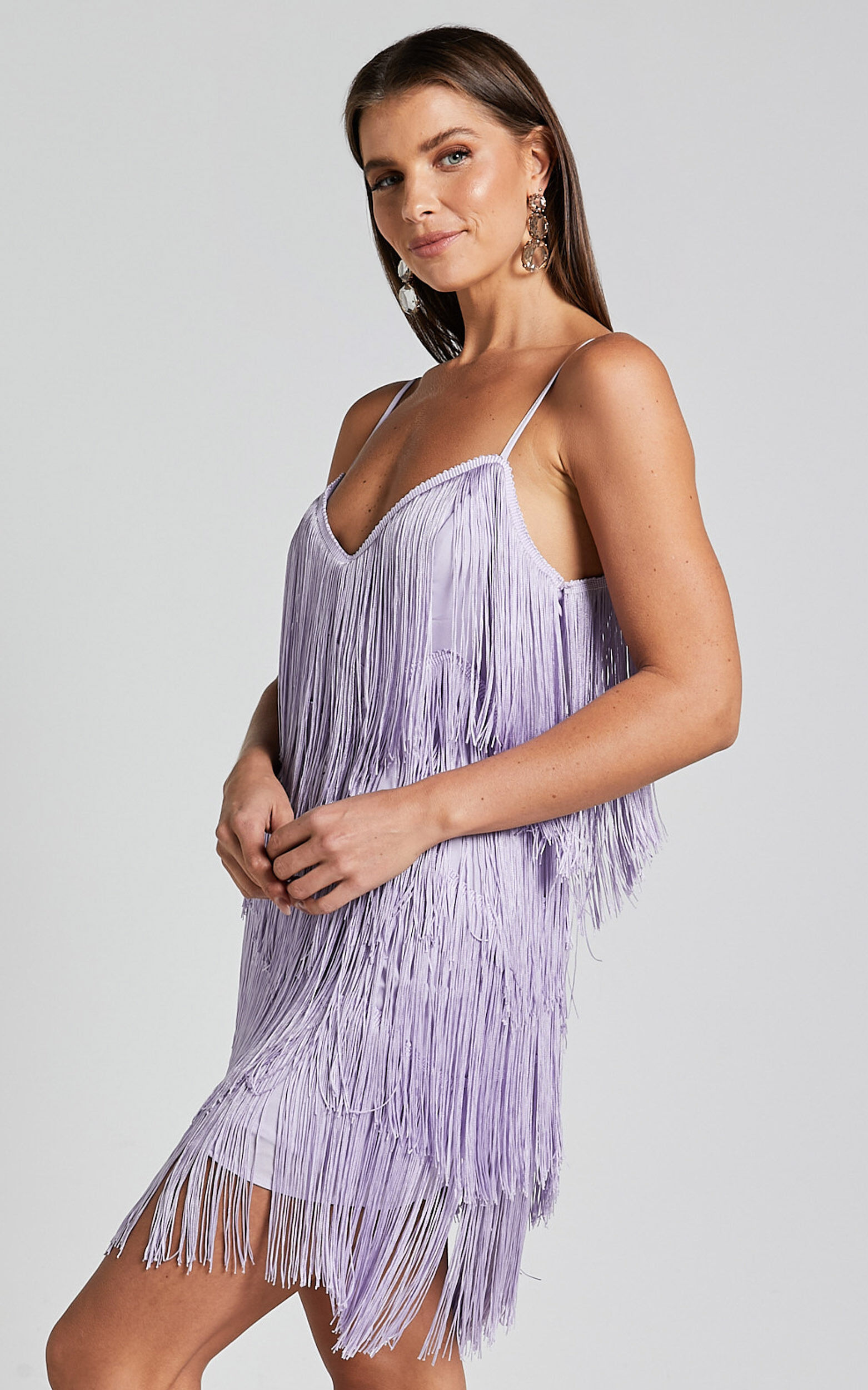 Siofra Mini Dress Zig Zag Fringe Dress in Lilac Showpo