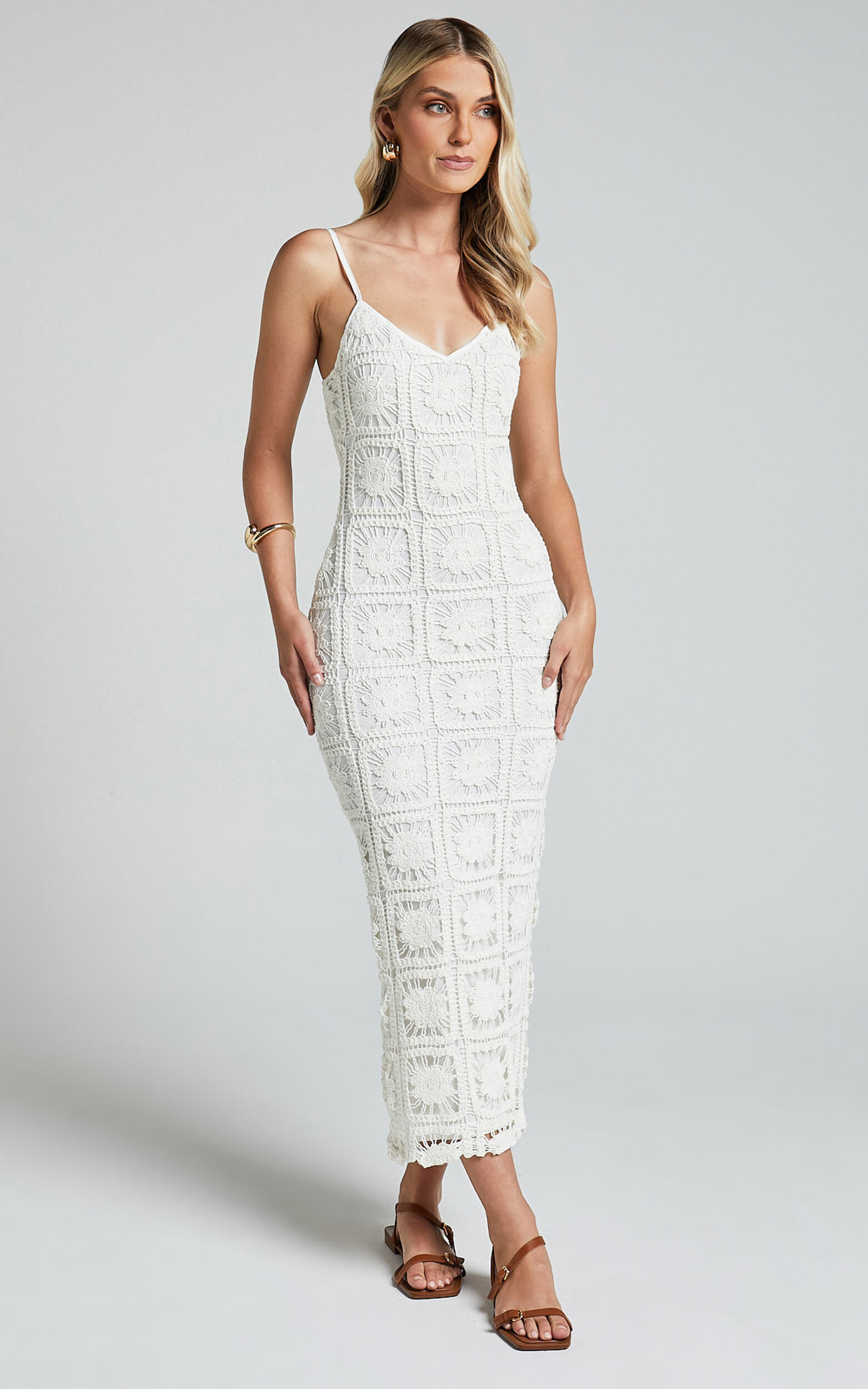 Antwerp Midi Dress - Strappy Bodycon Dress in White Crochet | Showpo
