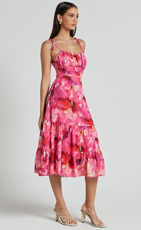 Marina Midi Dress - Tie Shoulder Ruched Bust Dress in Evie Print