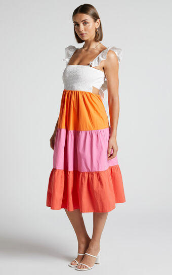 Eugenna Midi Dress - Cotton Tiered Colour Block Dress in Multi