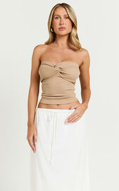Jelena Top - Jersey Strapless Twist Front Top in Tan | Showpo USA