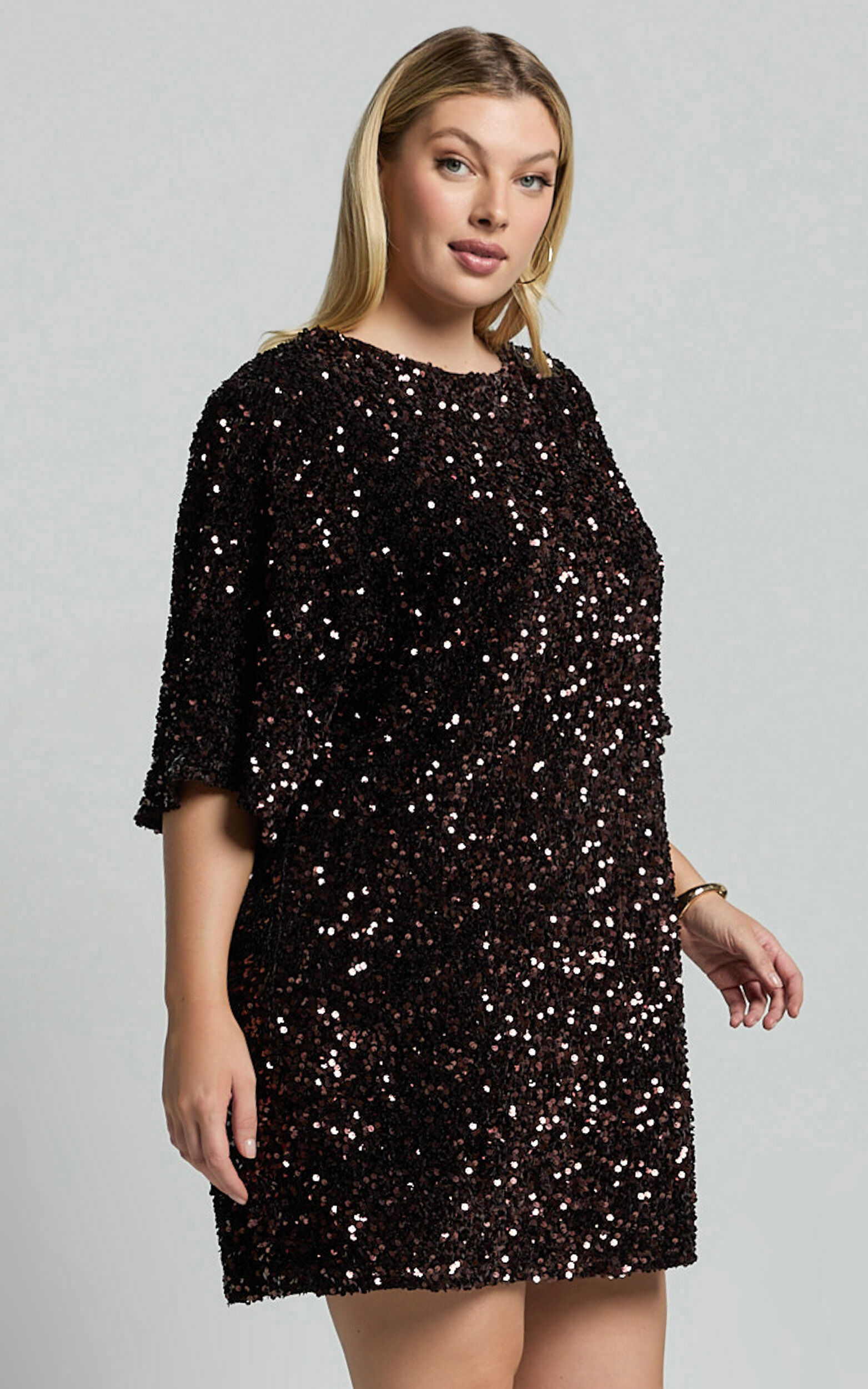 Valetta Mini Dress Sequin low back shift dress in Chocolate Showpo NZ