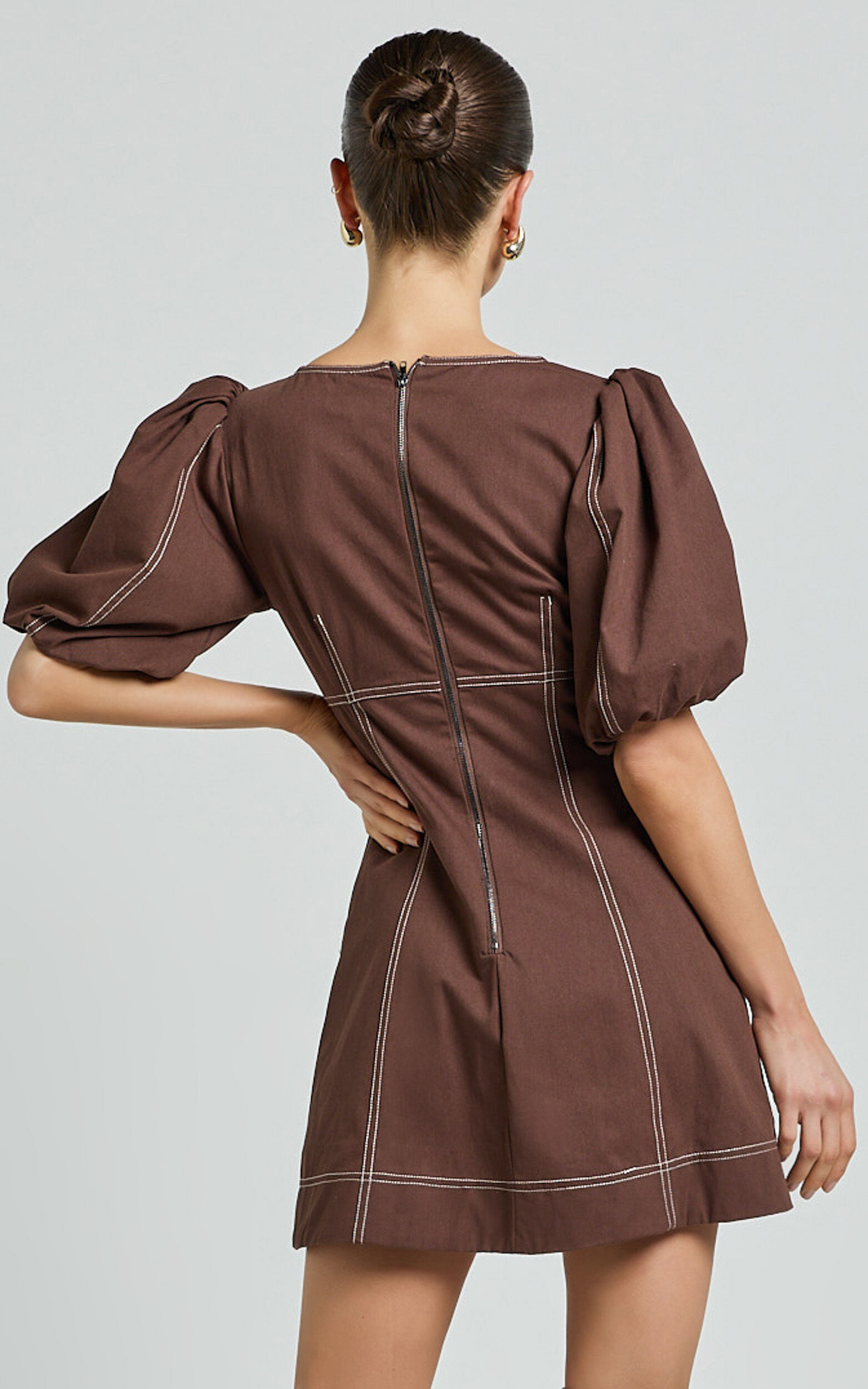 Tallie Mini Dress - Linen Look Puff Sleeve A Line Dress in Chocolate ...