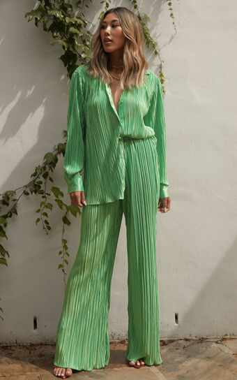 Beca Pants - High Waisted Plisse Flared Pants in Bright Green