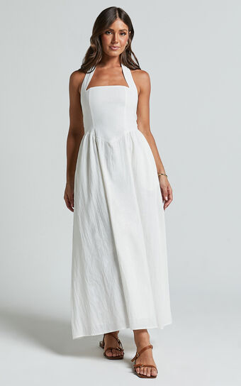 Daniella Maxi Dress - Halter Neck A Line Dress in White