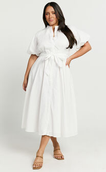 Sabrina Midi Dress - Linen Look Raglan Sleeve Belted Dress in White