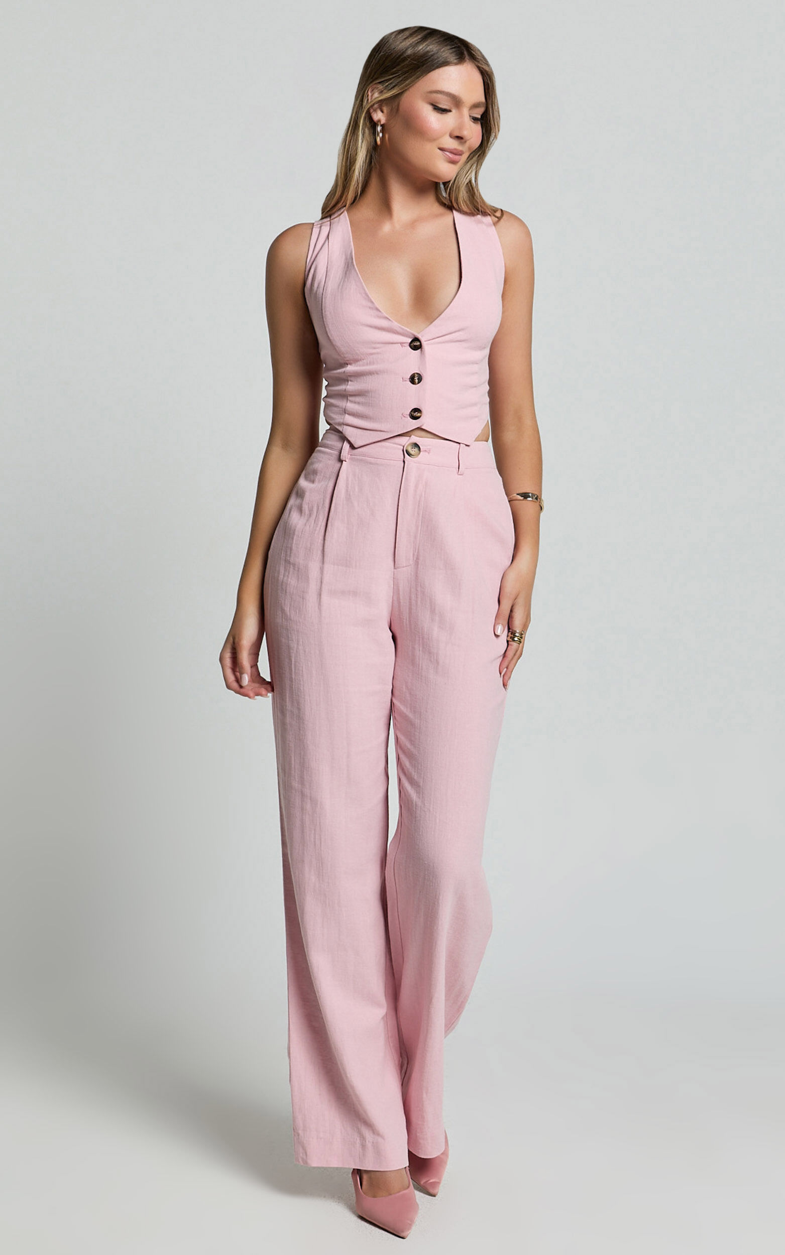 Bree Pants Linen Look Mid Rise Relaxed Straight Leg Tailored Trousers in Light Pink