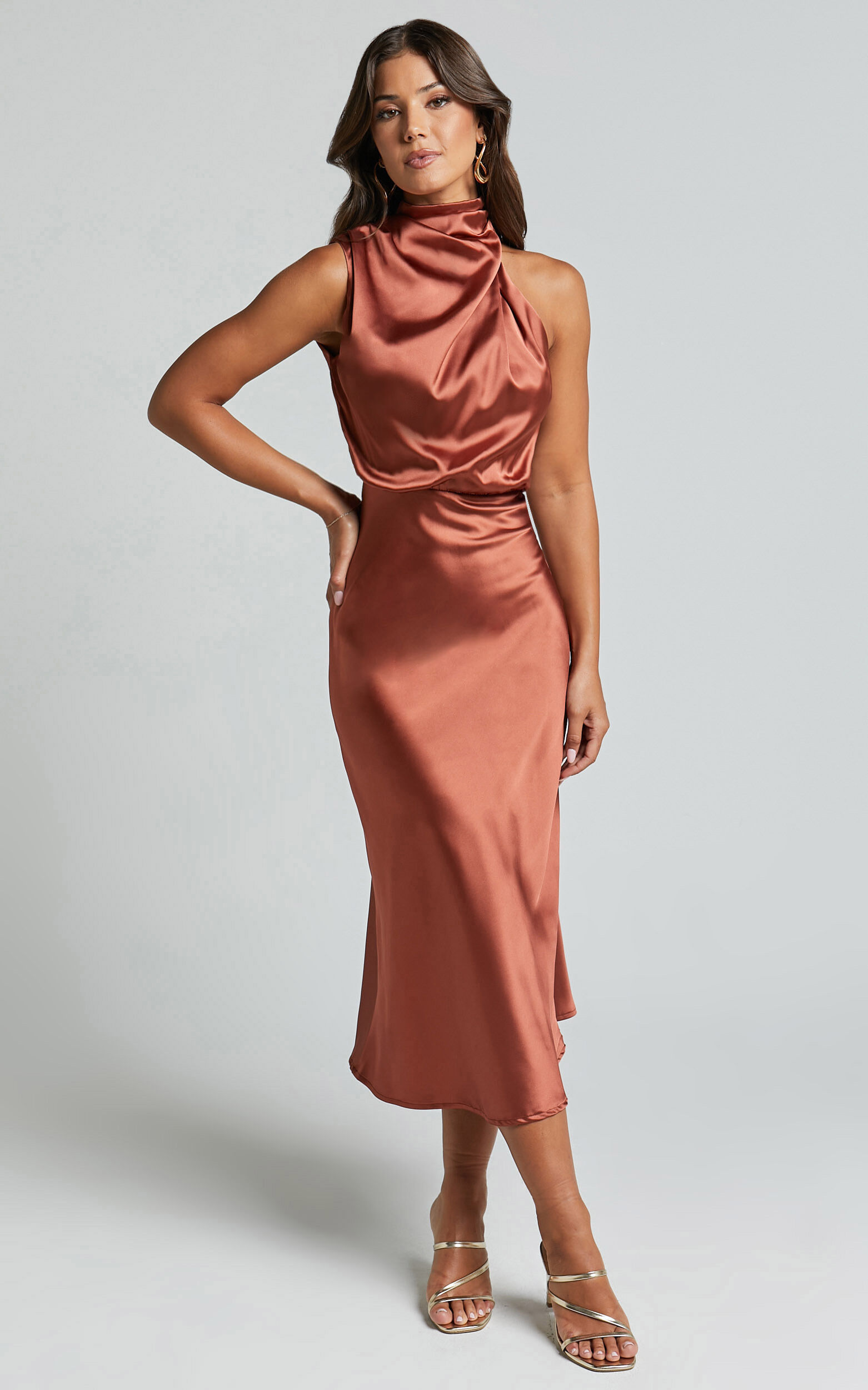 Minnie Midi Dress Drape Neck Satin Slip Dress in Copper