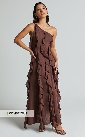 Britney Maxi Dress One Shoulder Ruffle Detail in Chocolate No Brand