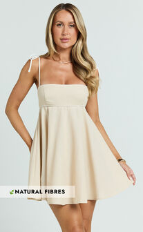 Jazmin Mini Linen Blend Dress - Tie Shoulder Fit And Flare Dress in Oatmeal