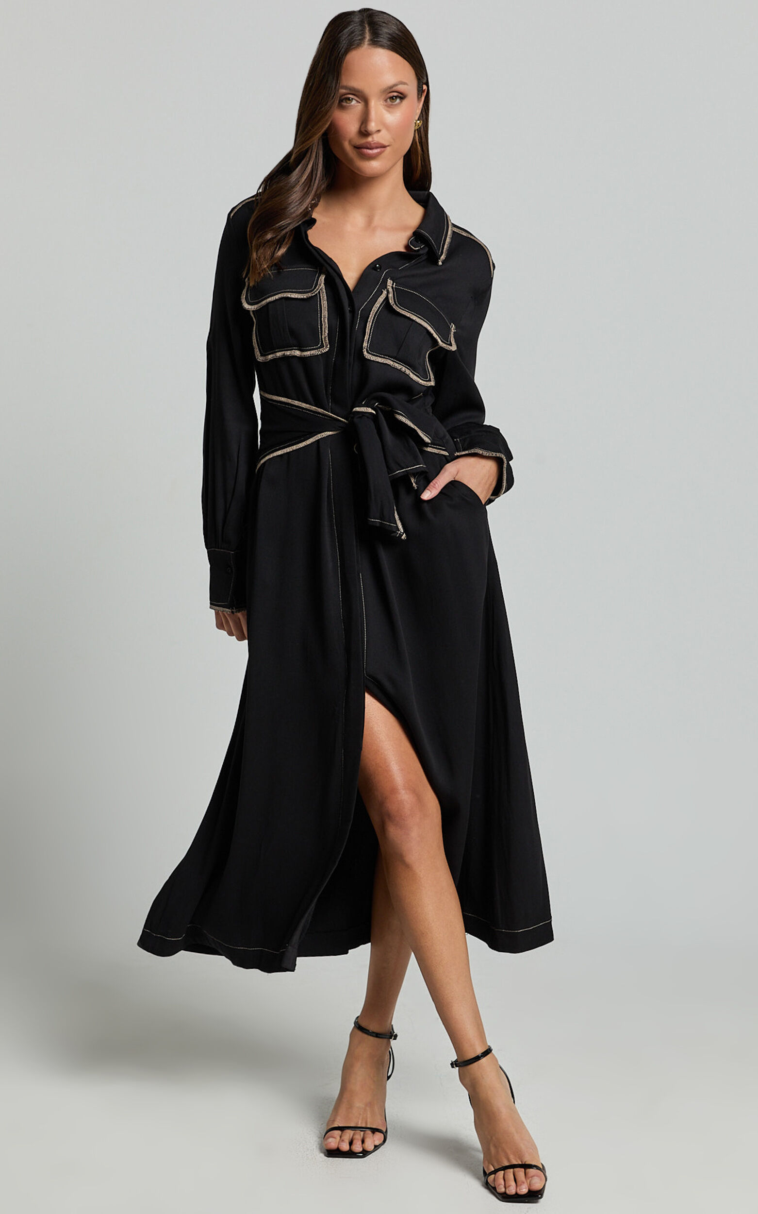 Ally Midi Dress Collared Button Through Long Sleeve Tie Dress in Black Showpo