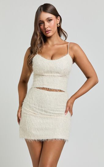 Frida Top - Strappy Fluffy Cami Crop Top in Cream