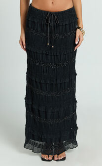 Alice Maxi Skirt - Embellished Ruched Skirt in Black