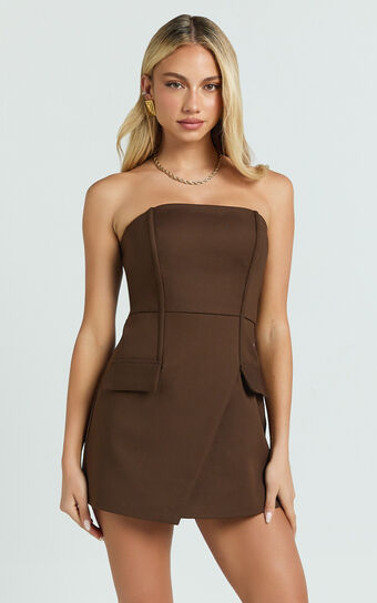Octavia Mini Dress - Strapless A Line Wrap Skirt Dress in Chocolate