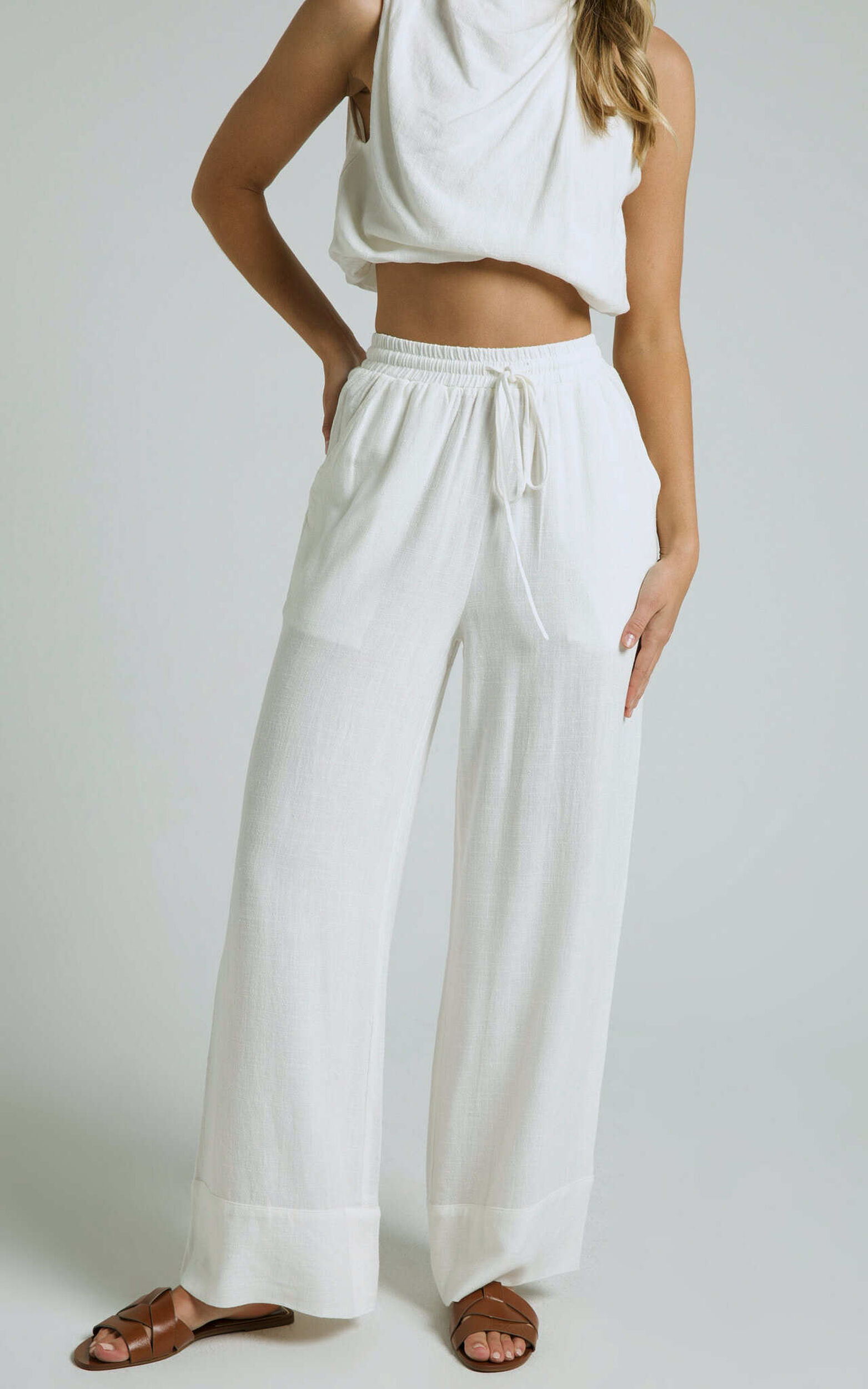 Adalila Pants - Linen Look Wide Leg Relaxed Pants in White - 06, WHT1