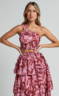 Lydie Two Piece Set - One Shoulder Top and Tiered Midi Skirt Set in Whirlwind Floral Print