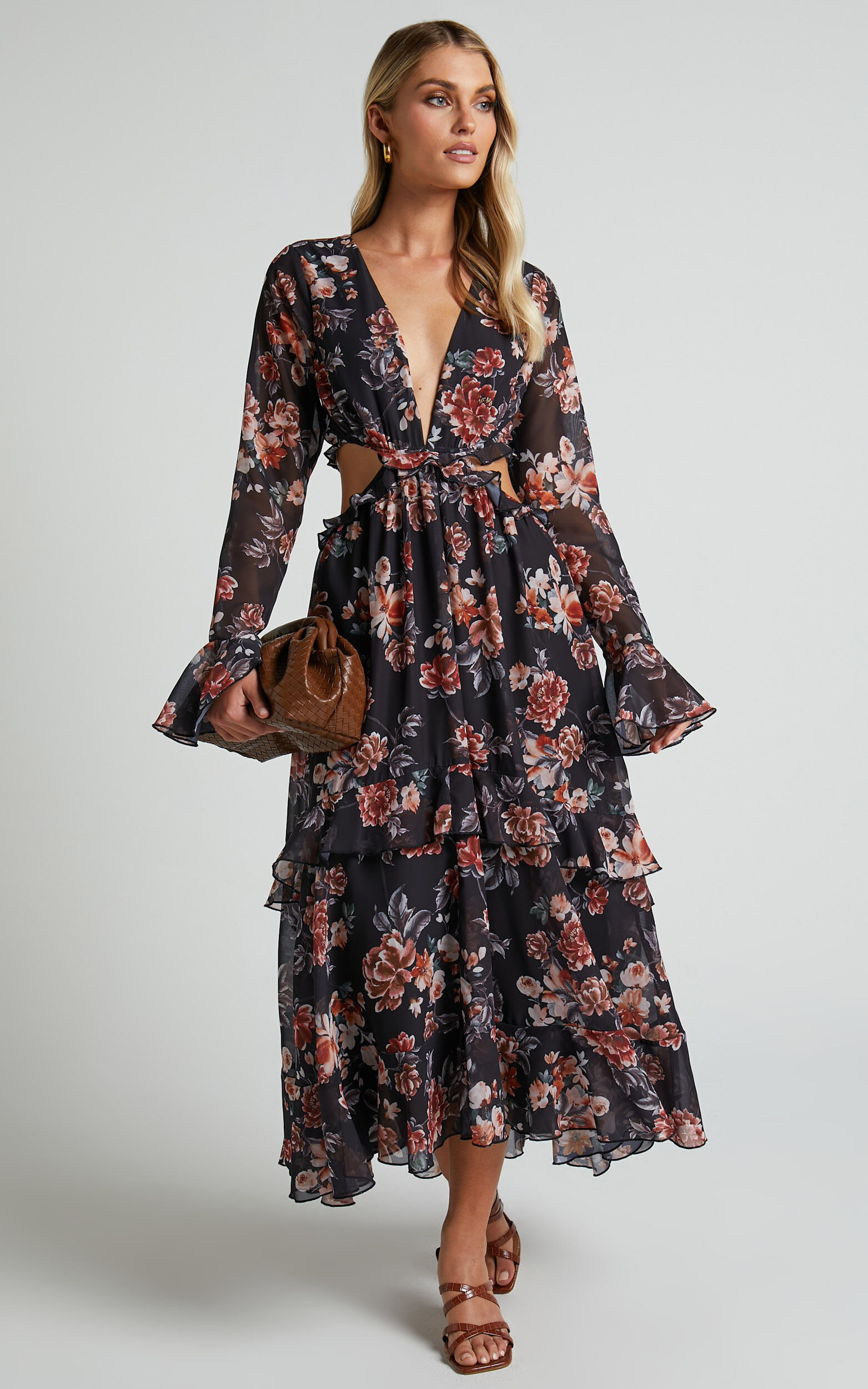 Kakai Midi Dress Plunge Front Long Sleeve Ruffled Dress in Black Floral