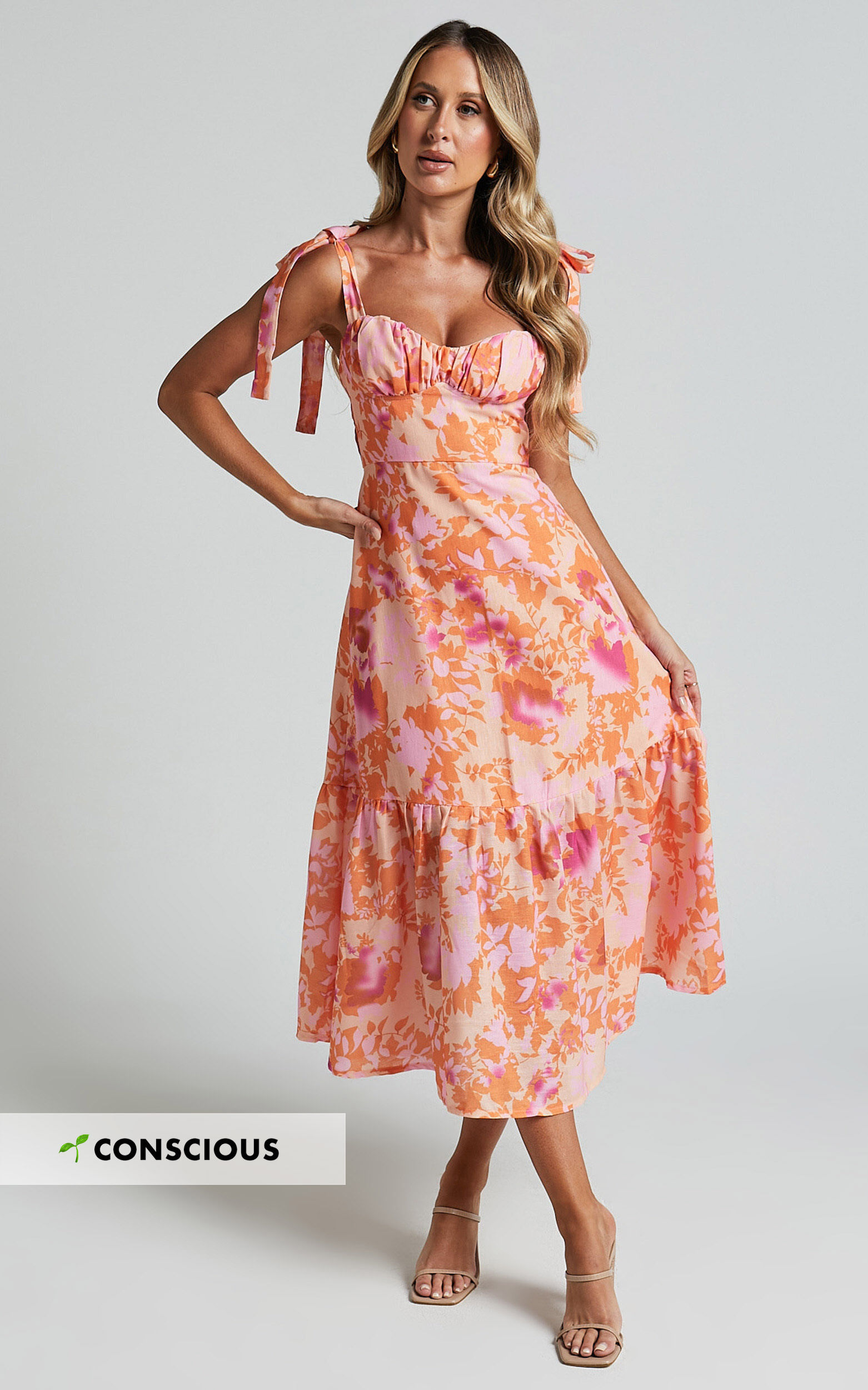 Amani Midi Dress Tie Shoulder Bustier Flare Dress in Peach