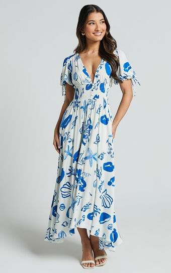Eleanor Midi Dress - V Neck Short Puff Sleeve Dress in Blue Print