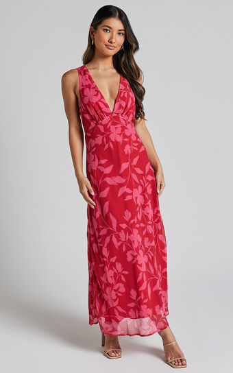 Welmina Midi Dress - Plunge Neck Sleeveless Slip in Havana Silhouette floral