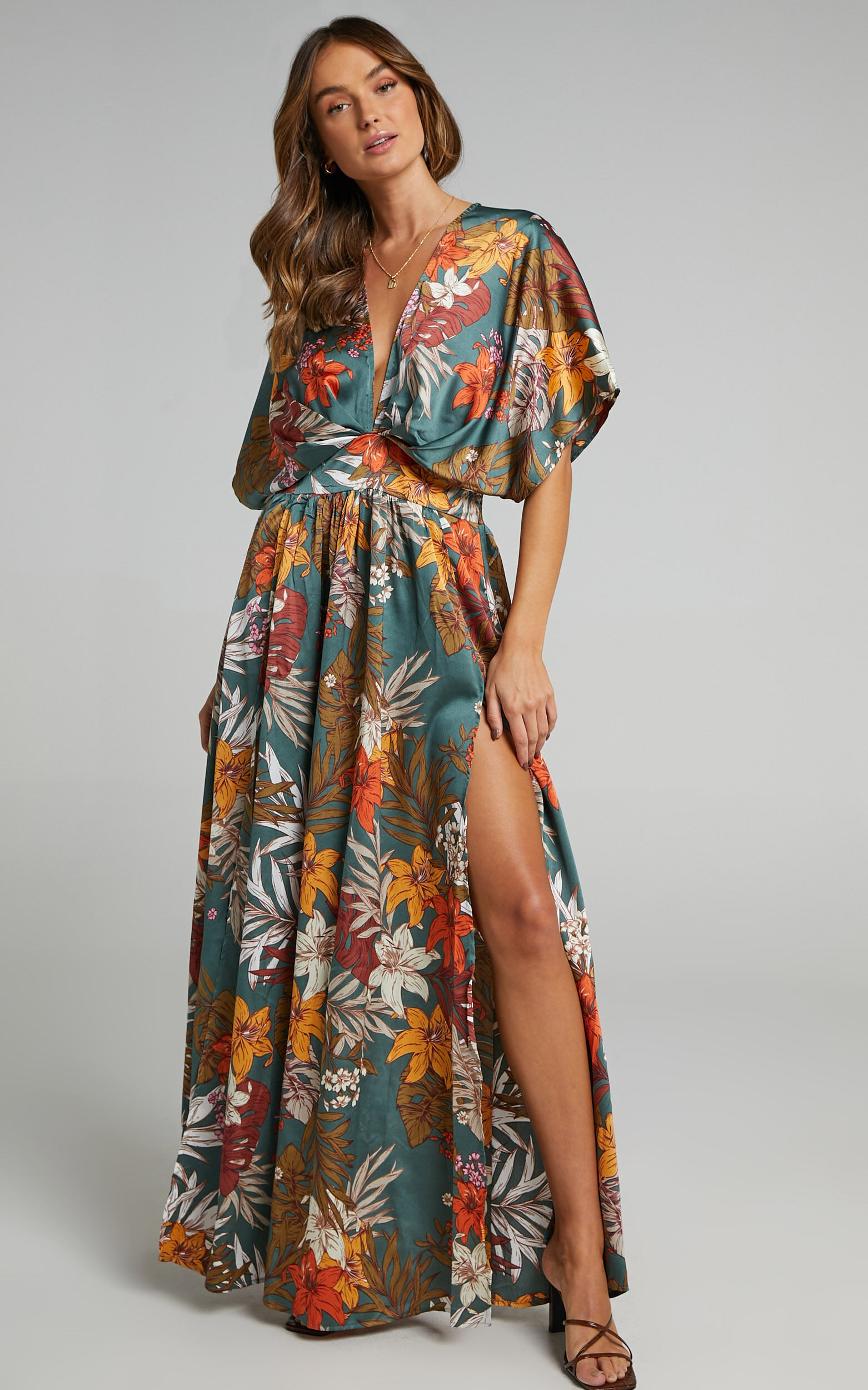Vacay Ready Midi Dress Plunge Thigh Split Dress in Teal Floral Satin