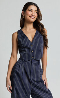 Iyah Top - V Neck Button Up Cropped Vest in Navy Pinstripe