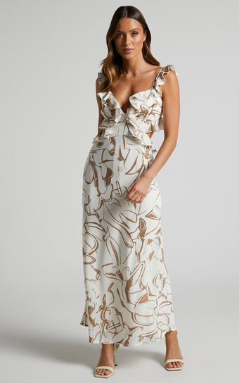 Dahlia Midi Dress - Ruffle Details Slip Dress in Beige Swirl